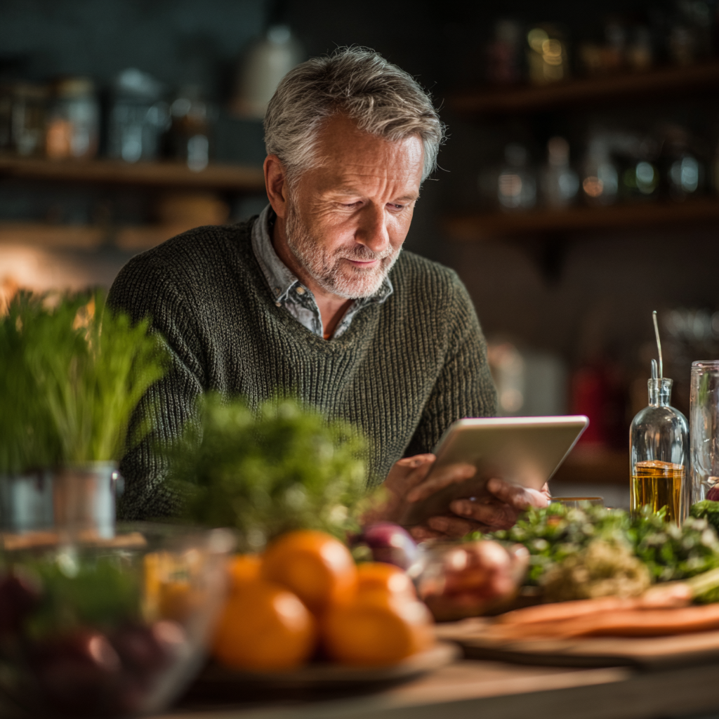 Мъж на 55 години, който чете план за хранене на таблет, докато седи на кухненската маса със здравословни продукти около него