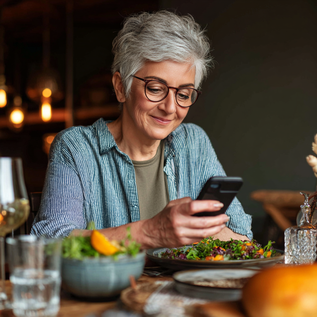 Щастлива жена на 52 години, която разглежда glostarine приложението на телефона си, докато седи на масата с красиво сервирана здравословна храна