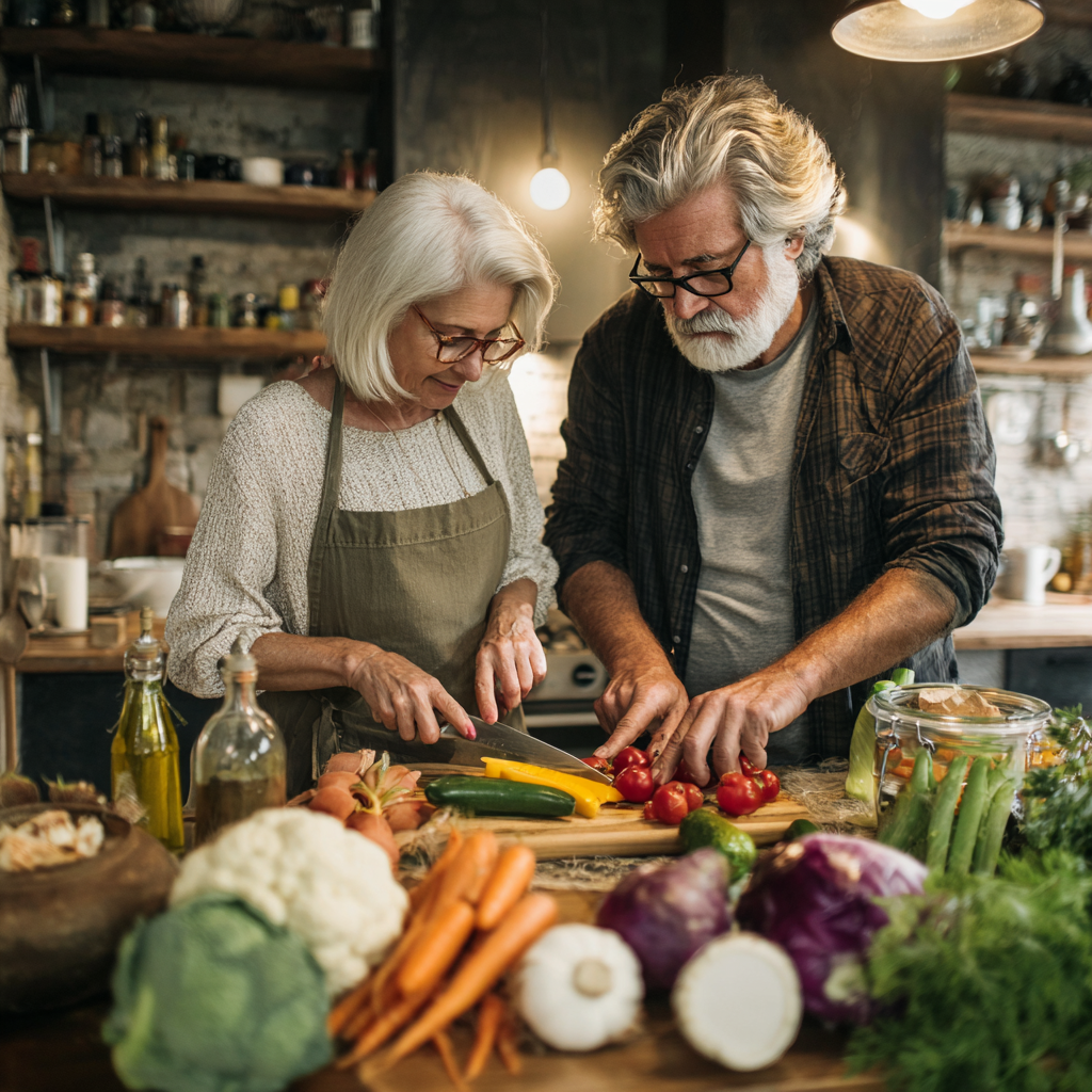 Двойка на средна възраст - жена на 58 години и мъж на 60 години, които готвят заедно здравословна храна в кухнята си